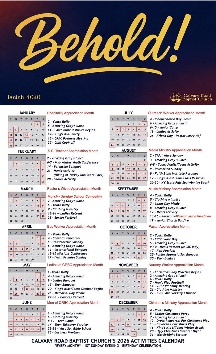 Calvary Road Baptist Church 2026 activities calendar, themed Behold from Isaiah 40:10