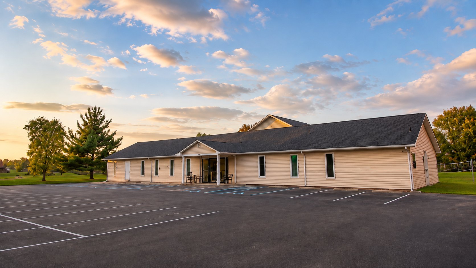 The Calvary Road Baptist Church building at sunset in New Albany, Indiana